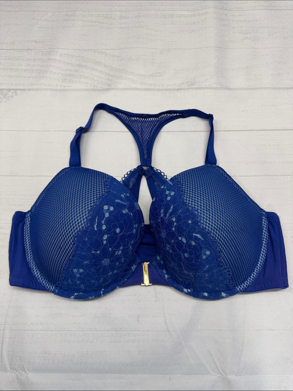 Cacique Intimates Cobalt Blue Floral Lace Front Close Boost Plunge Racerback Bra